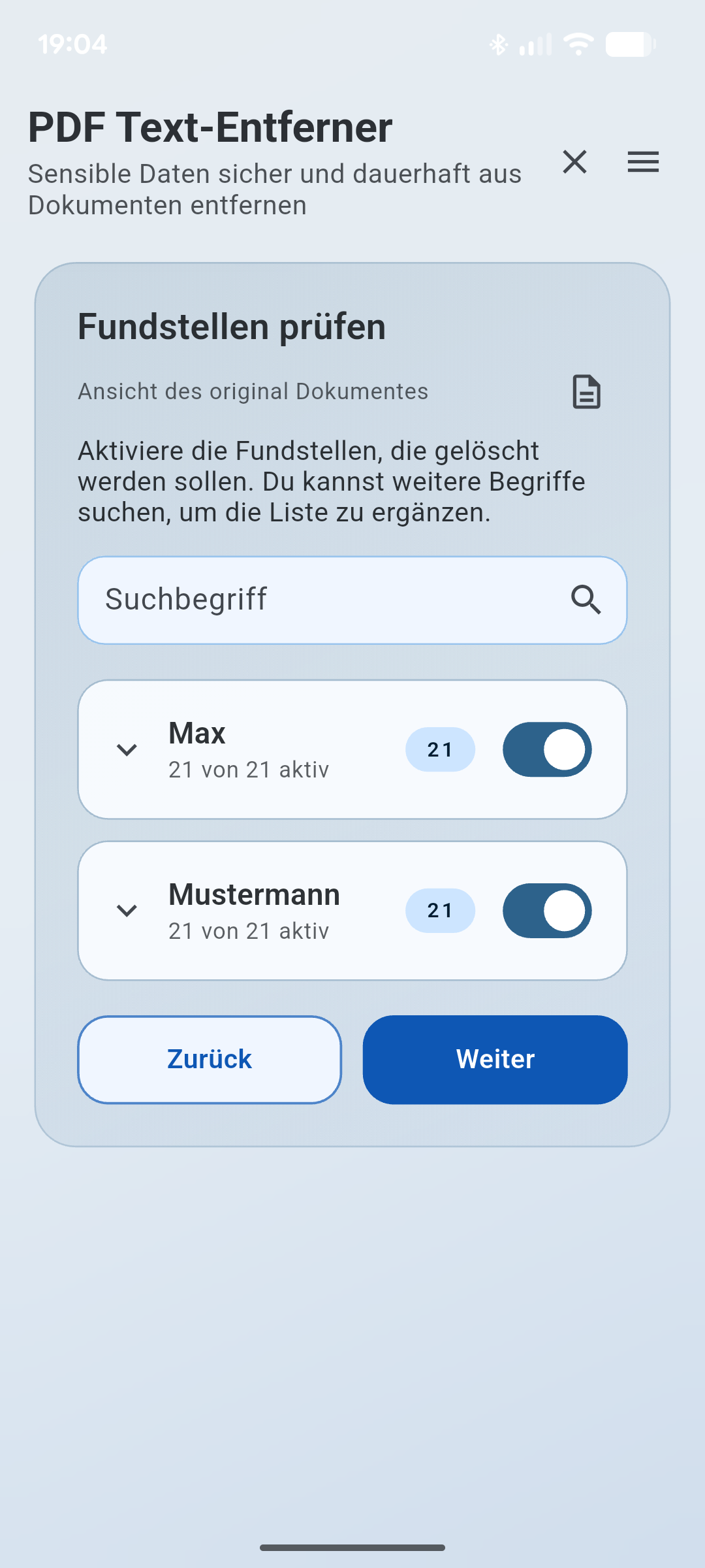 PDF Text-Entferner Trefferliste