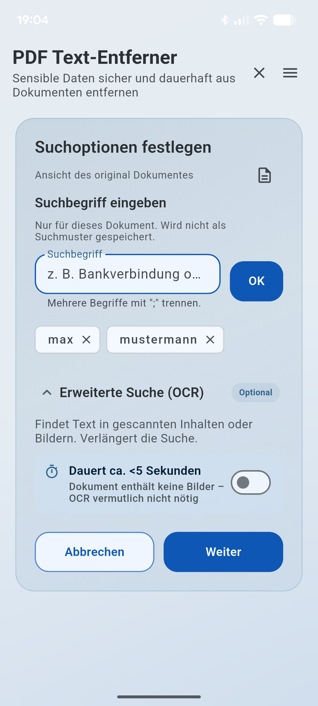 PDF Text-Entferner Suchoptionen