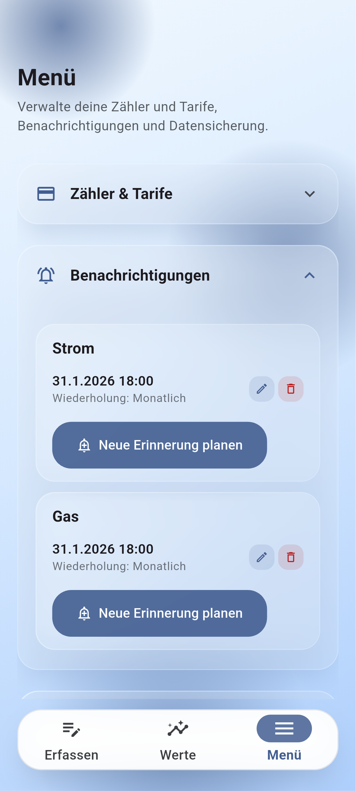 Zähler – Verbrauch erfassen Menü Benachrichtigungen aufgeklappt